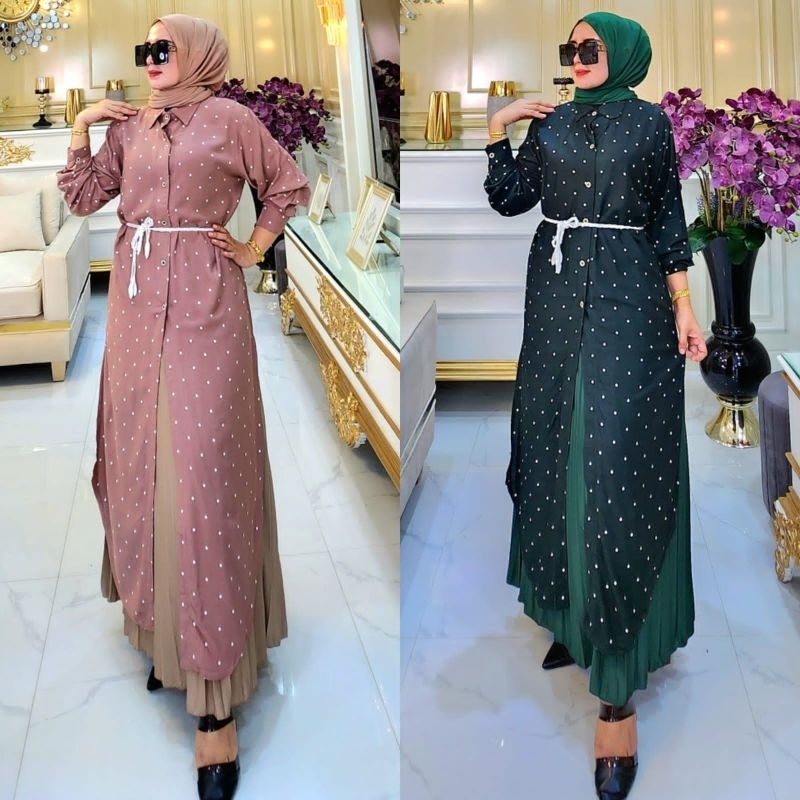 YOONA set by Irish Label - Setelan Busana Muslim Longtunik Katun Polka Rok Plisket /Baju Kerja Wanit