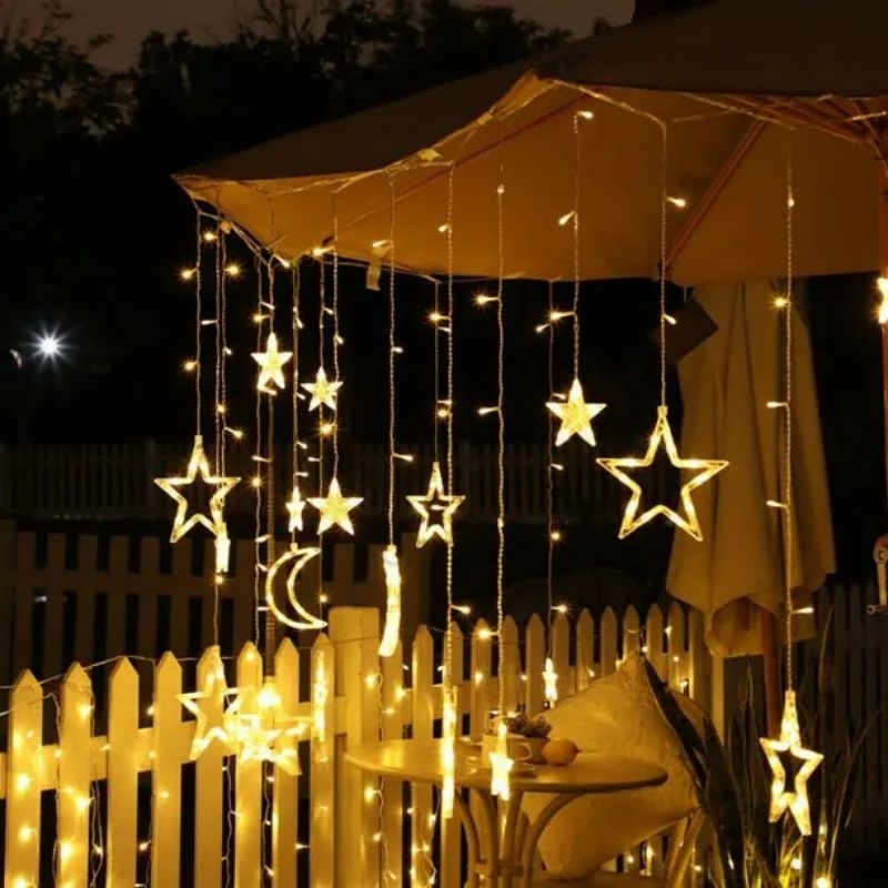 Lampu Tirai LED Motif Bulan Bintang 3,5 meter Lampu Hias Star Moon Curtain Lights