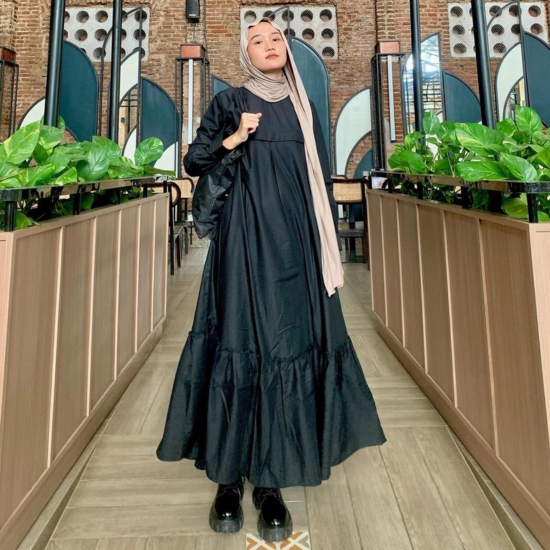 Gamis Kekinian Hitam Elegan Gamis Ruffle Model Rempel Bahan Katun Toyobo Premium