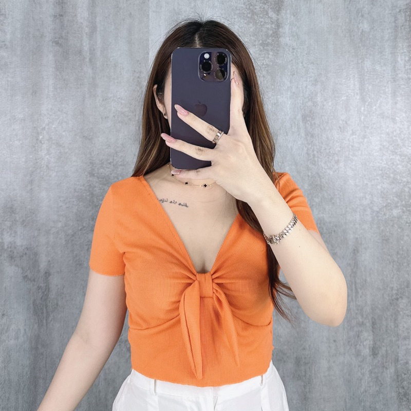 Crop top Vneck bow 100  | Crop top pita | Atasan crop korea