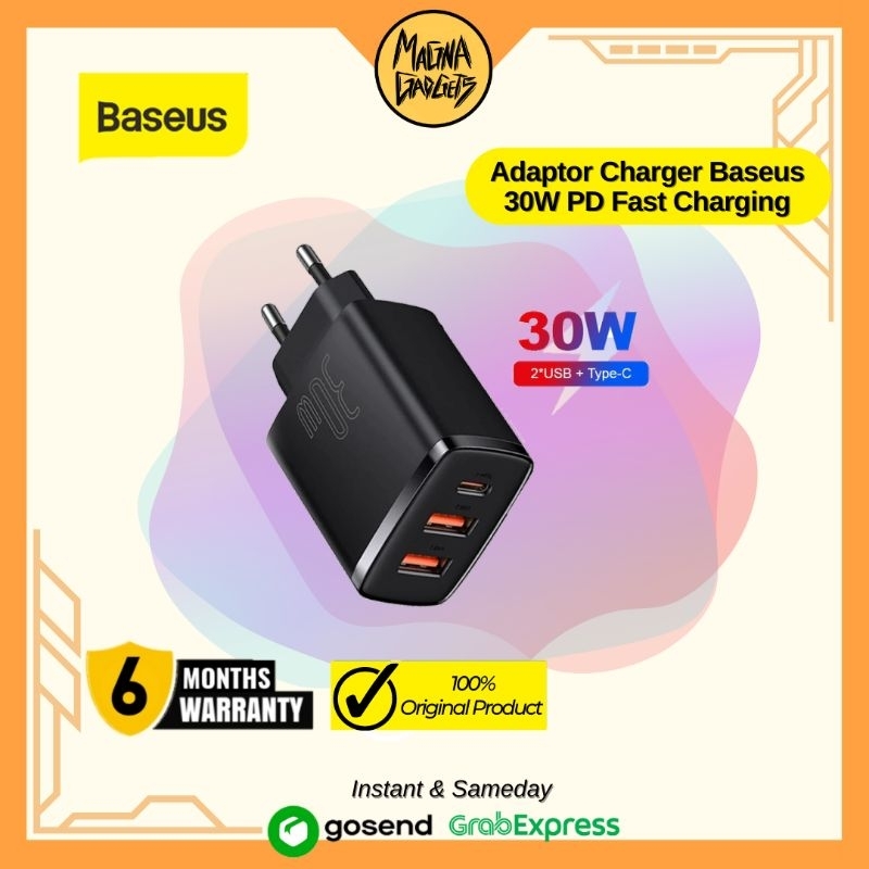 Kepala Charger Baseus Quick Charger PD 30W 3 Port Output Type-C + Dual USB Fast Charging