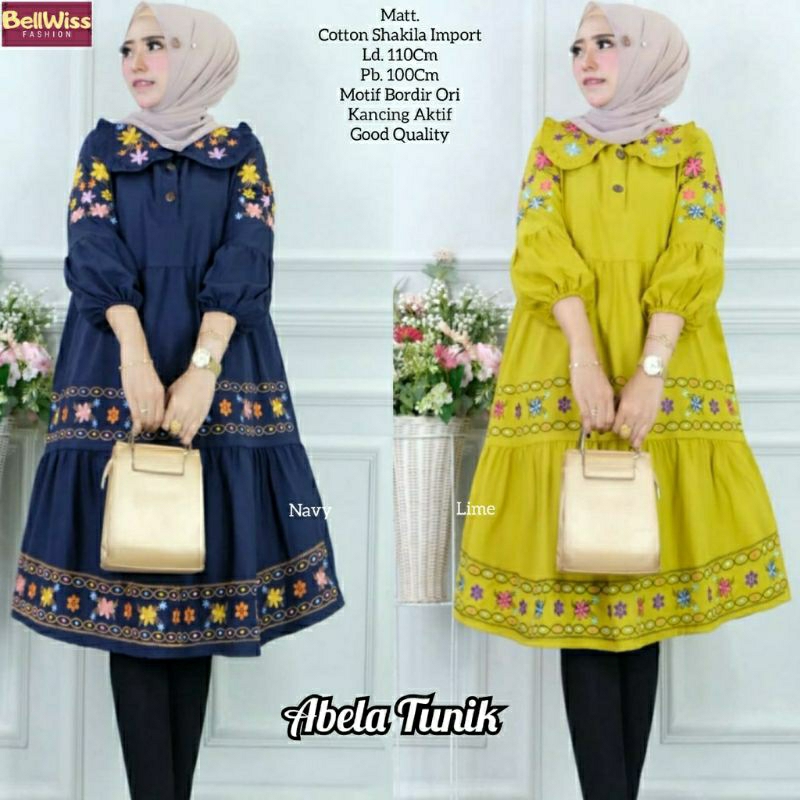 Abela Tunik, TUNIK WANITA MUSLIM CANTIK MODIS FIT XXL LD 110 BAHAN KATUN SHAKILA IMPORT MIX BORDIR KANCING BUSUI TERMURAH TERLARIS OOTD KEKINIAN