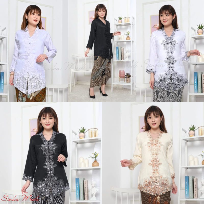 Kebaya encim modern katun silky Korea kombinasi brukat bordir body lengan panjang