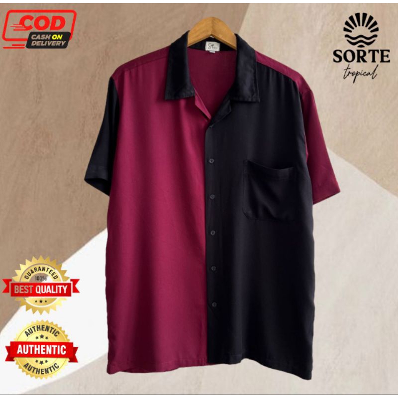 Kemeja Hawaiian Pantai Polos Plain - Two Tone Edition Maroon &amp; Black