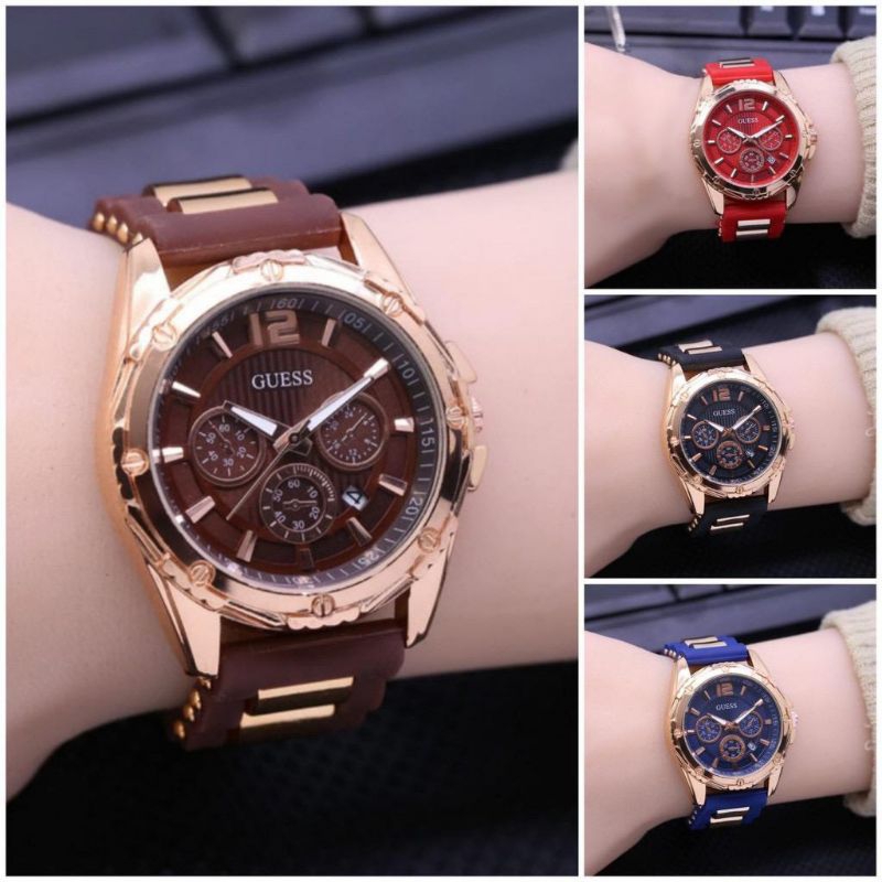 (Cod)Jam Tangan Wanita FashionGues Strap Rubber Tanggal Aktif(Dikirim Jakarta)