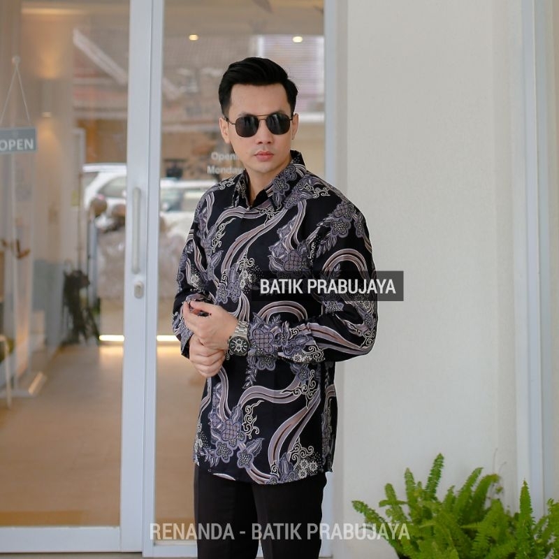 RENANDA Kemeja Batik Pria Modern Slimfit Premium Dewasa Lengan Panjang Full Furing - Baju Hem Batik Pria Slim fit Hitam Cowok Kondangan Pesta Kerja