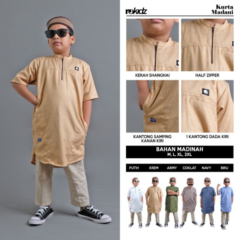 Kurta Madani Rokidz Pakaian Muslim Anak Laki-laki Pria Baju Koko Lengan Pendek