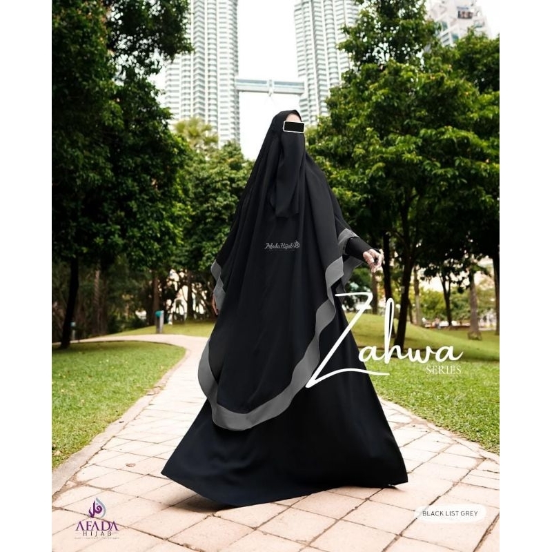 Ready Set Setelan Gamis Plus khimar Jumbo free cadar Zahwa Afada Hijab Muslimah Dewasa Syari Hitam List Abu