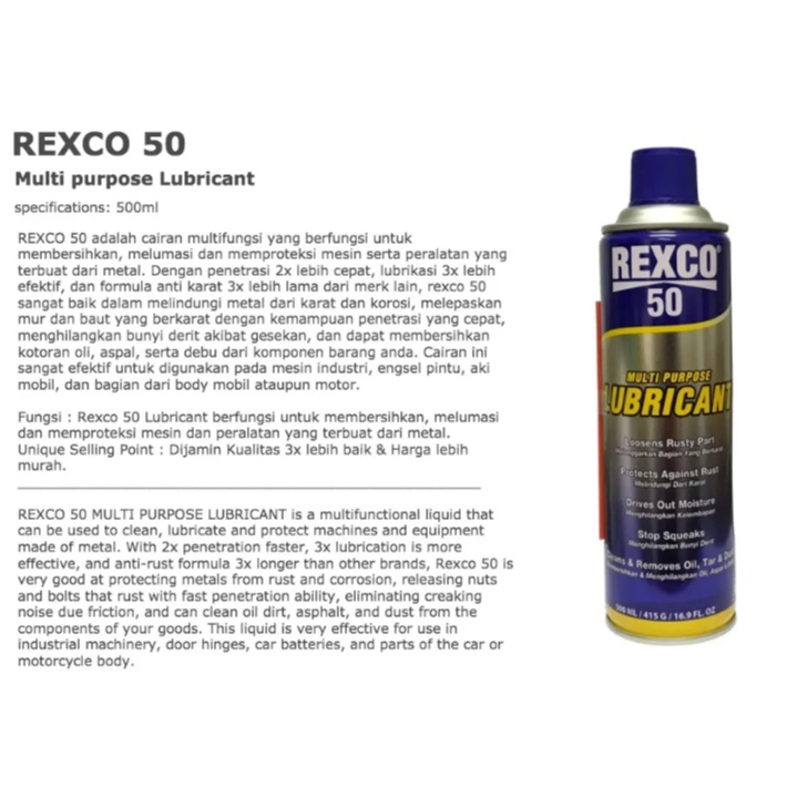 REXCO 50 500ml Cairan Pelumas 500 ml Lubricant / Pelumas Anti Karat Penetrating Oli Serba Guna Rexco50 500 ML