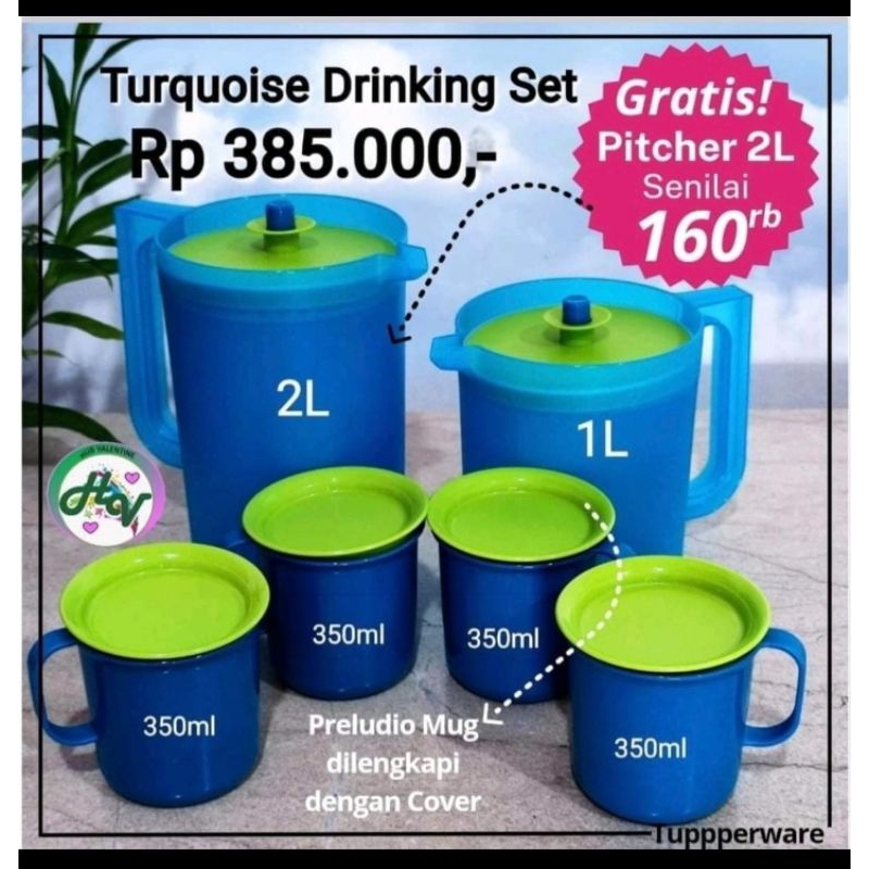 

Tuperware Pretty Flower Set 6pcs Turquoise Drinking Set Raya Pitcher Set Free Mug paket teko dan gelas