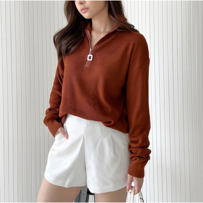 EMILY ZIPPER SWEATER OVERSIZE KOREAN - CASUAL SWEATER SPORTY - THR BLOUSE WANITA - HADIAH / KADO ULTAH CEWEK