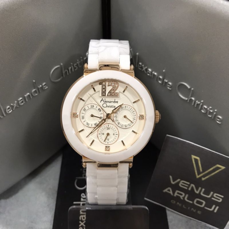 Jam Alexandre Christie AC 2359 BF BRG Wanita Rosegold Rantai Keramik Putih Bulat