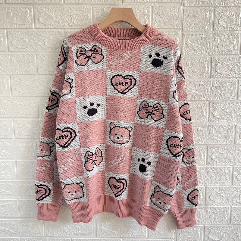 ISNIM SWEATER RAJUT OVERSIZE MOTIF CUTELOVE ATASAN LENGAN PANJANG WANITA