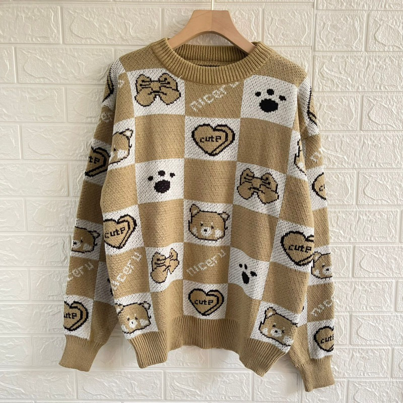 ISNIM SWEATER RAJUT OVERSIZE MOTIF CUTELOVE ATASAN LENGAN PANJANG WANITA