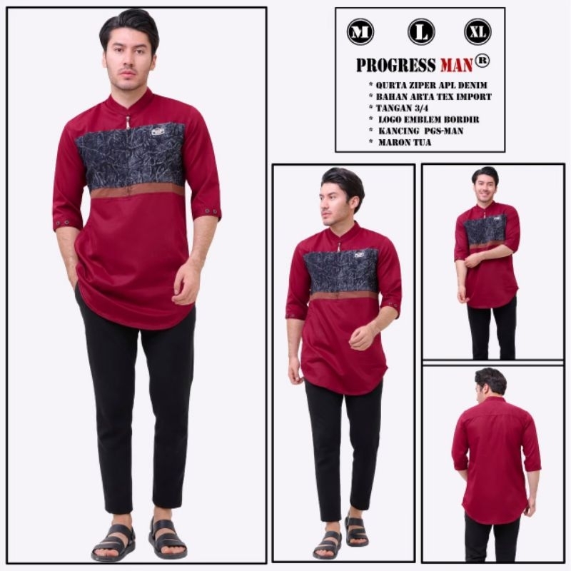 Baju Koko Kurta Pria Model Aplikasi Denim Original Progressman Terbaik