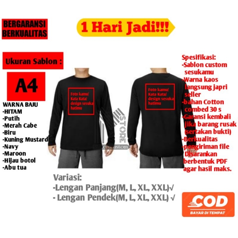 kaos sablon custom sendiri lengan panjang/sablon foto sendiri/logo/nama medsos/nama toko