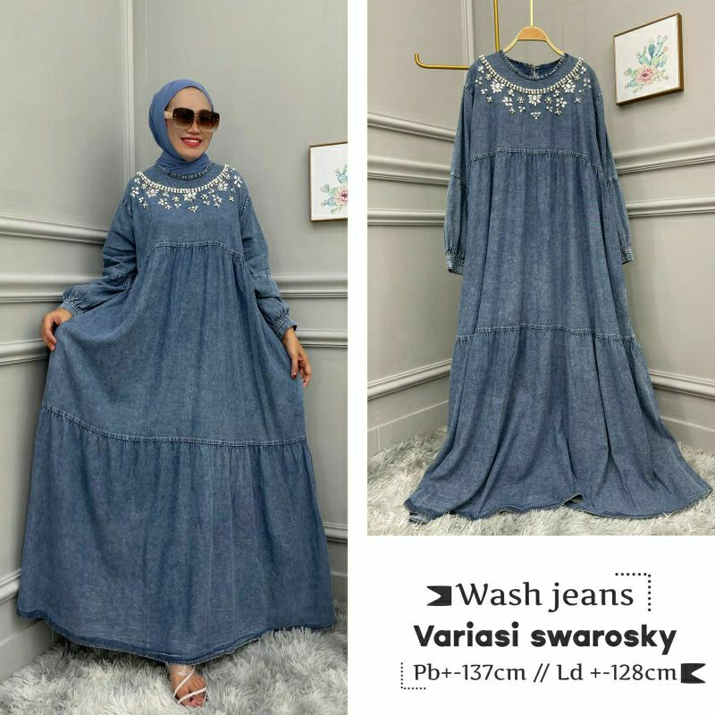 Swarosky Jeans Maxy, GAMIS JEANS JUMBO CANTIK MODIS FIT XXXL LD 130 BAHAN JEANS WASH IMPORT MIX DIAMOND TERMURAH TERLARIS OOTD KEKINIAN