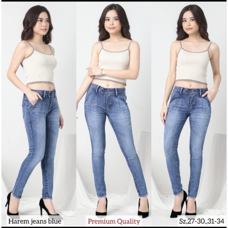CELANA PANJANG JEANS WANITA HAREM JEANS BLUE BAHAN SOFTJEANS STRETCH MELAR SIZE 27 -34