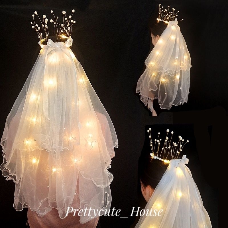 Mahkota Wedding Veil glow in the dark / Crown Kain veil pengantin + jepitan penutup kepala hiasan head aksesoris bride to be bridal shower