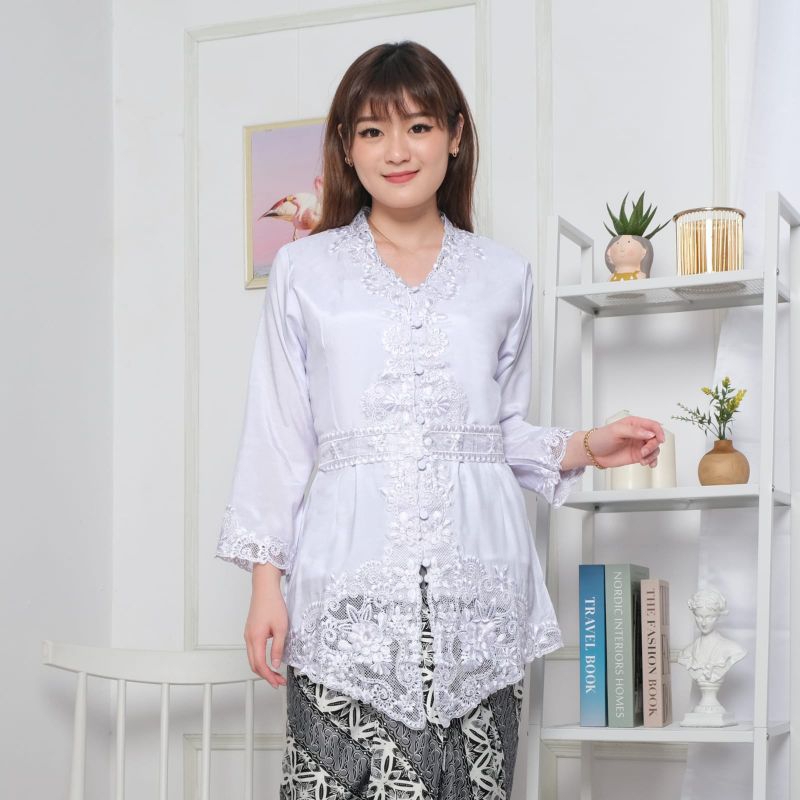 Kebaya encim modern katun silky Korea kombinasi brukat bordir body lengan panjang
