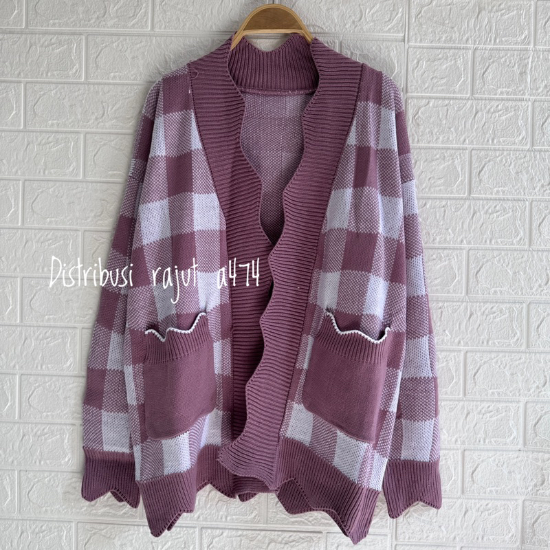 MORENA CARDIGAN RAJUT SAKU OVERSIZE MOTIF TARTAN ATASAN LENGAN PANJANG WANITA