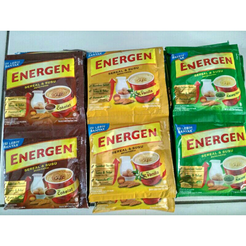 

Energen sereal dan susu rasa coklat,vanila,kacang ijo renceng 10 s