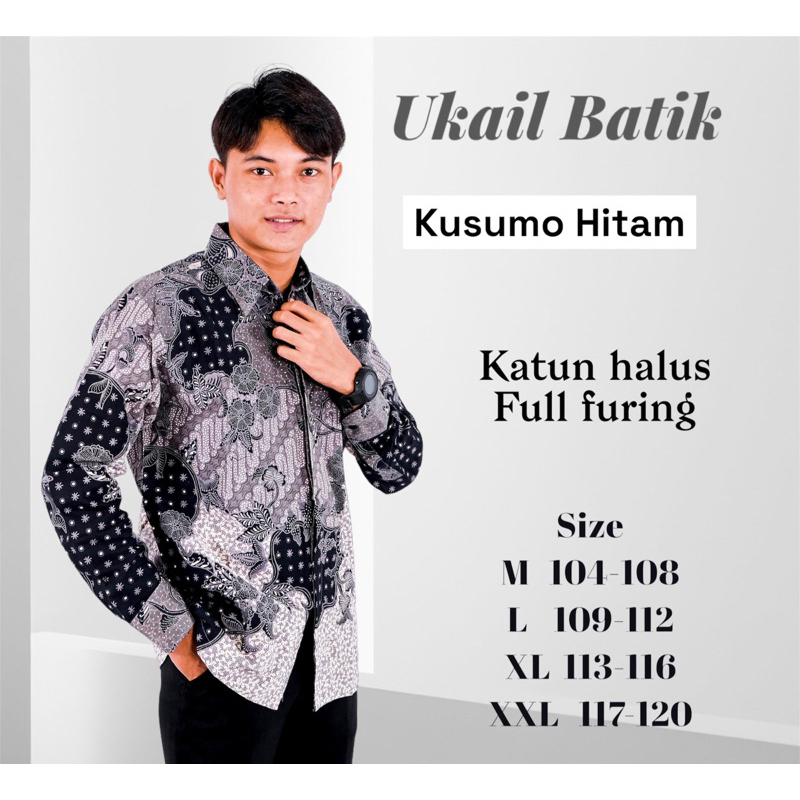 Kemeja Batik Pria Lengan Panjang Kusumo Hitam Full Lapis Furing Bahan Katun Halus Premium