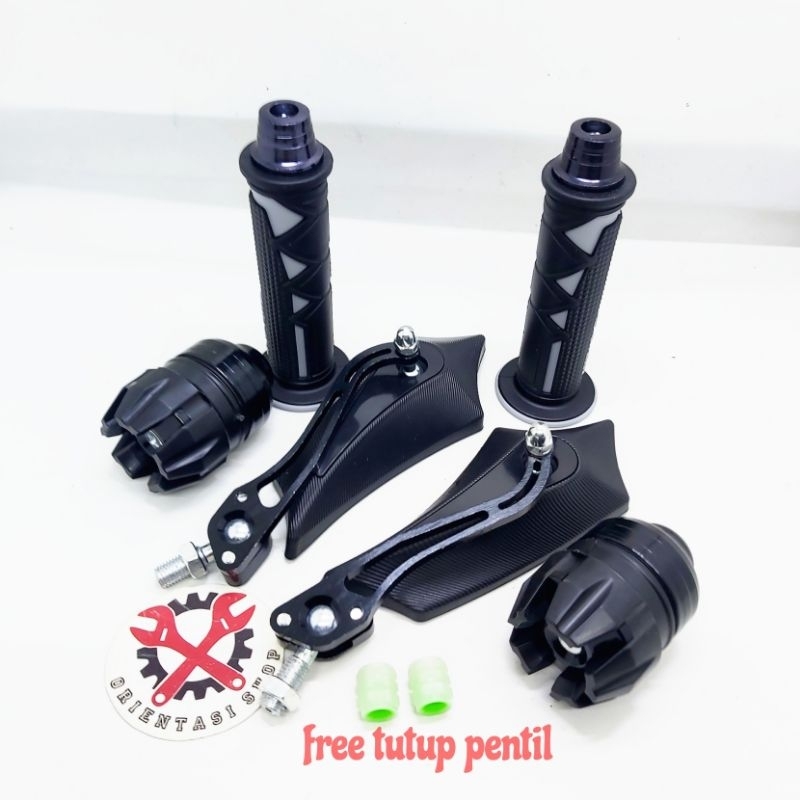 (Promo paket hemat) handgrip segitiga + jalu stang + spion batman + jalu as + free tutup pentil glow ini the dark universal motor honda dan yamaha