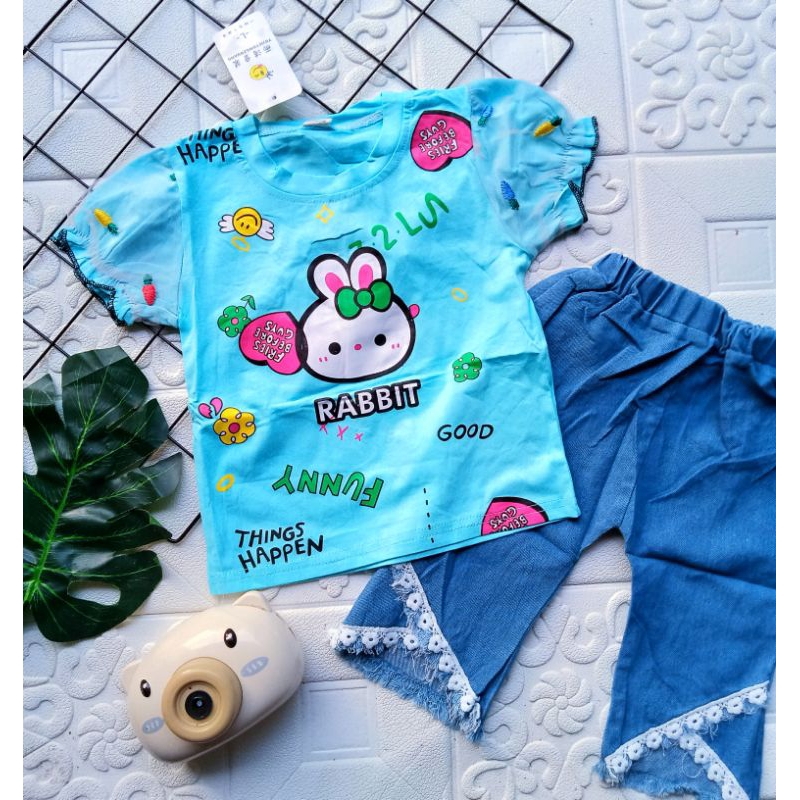 [1-5 th] Setelan anak perempuan atasan jins cherry import 1-5 tahun / Baju Setelan kaos celana Jeans cutbray mutiara anak cewek