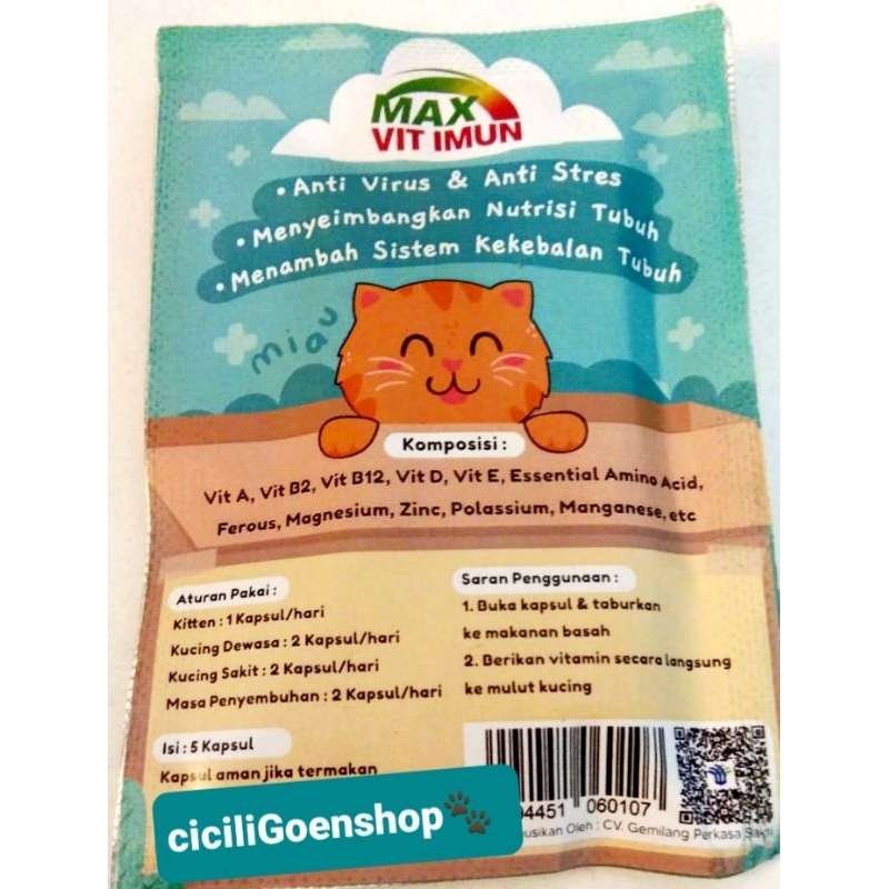 MAX VITAMIN IMUNsuplemen kucing isi 5 ANTI VIRUS ANTI STRESS DAYA TAHAN TUBUH ANTIBODI imunitas