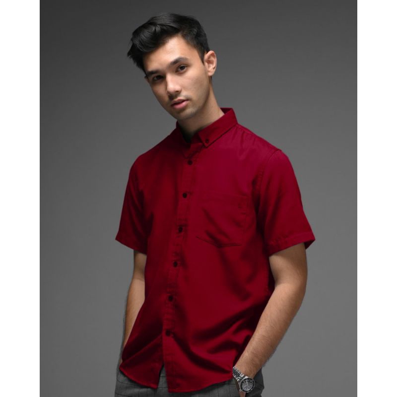 Kemeja Merah Maroon Lengan Pendek Polos Premium Hem Pria