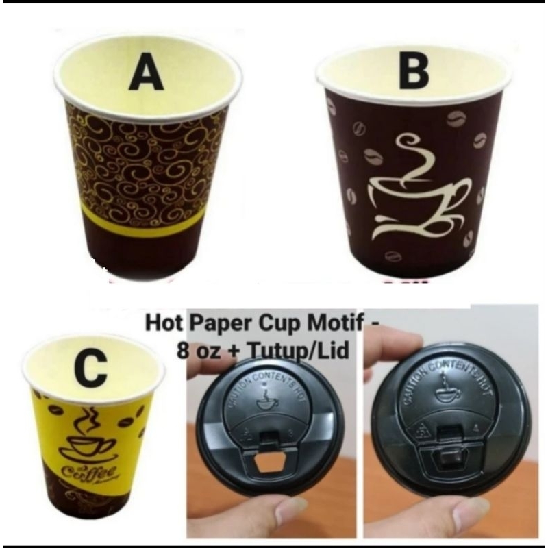 Hot paper cup motif /gelas paper motif 8oz(240 ml)+ tutup /lid kombinasi