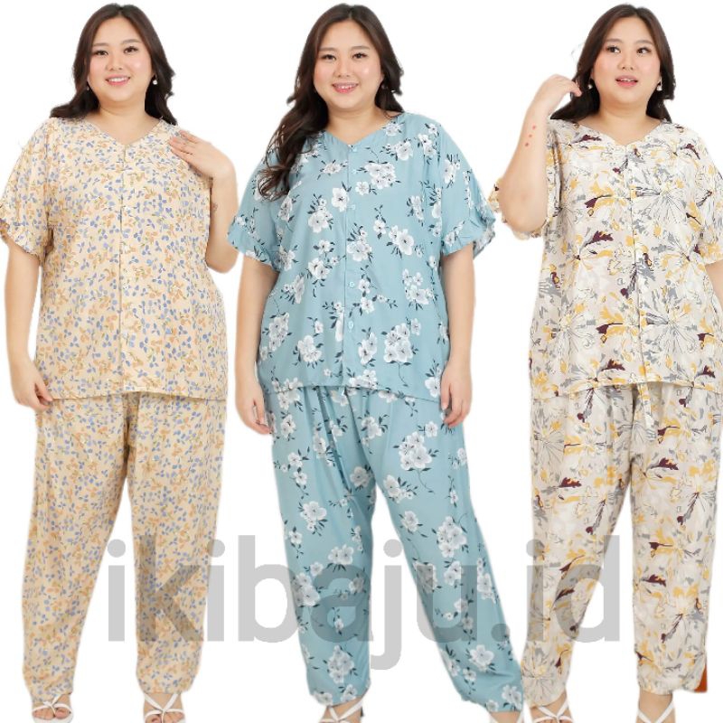 Setelan Piyama Baju Tidur Jumbo Wanita Vneck Ld 130