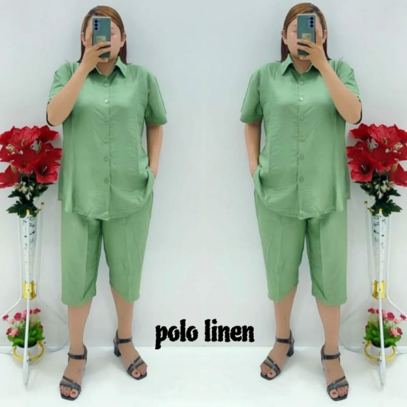 CNC - Stelan Wanita Dewasa Terbaru/Stelan 7/8 Kemeja Polo Linen Polos Standar Dan Jumbo