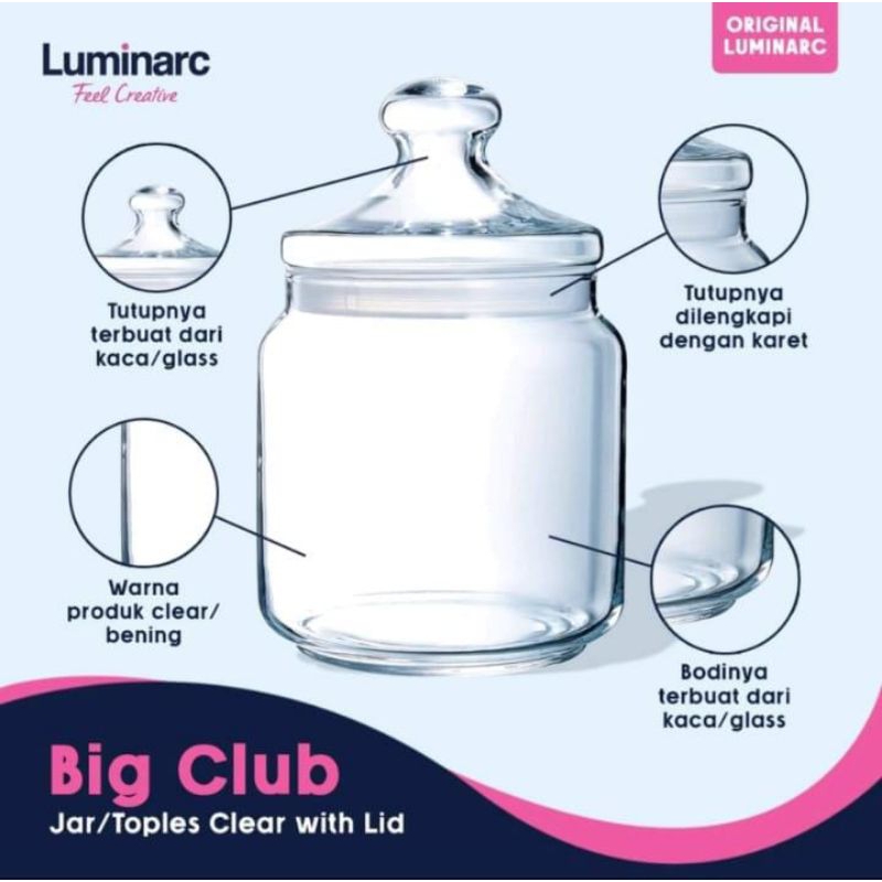 Luminarc Stoples Toples Kaca Kedap Udara / Big Club Jar With Seal 1500ml 2000 ml