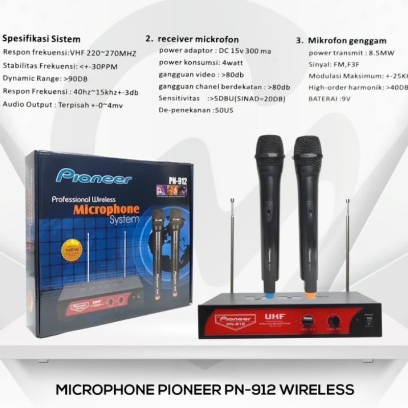 mic wireless pioneer PN912 double mic handle mic pioneer PN 912 mic tanpa kabel pioneer wireless mic