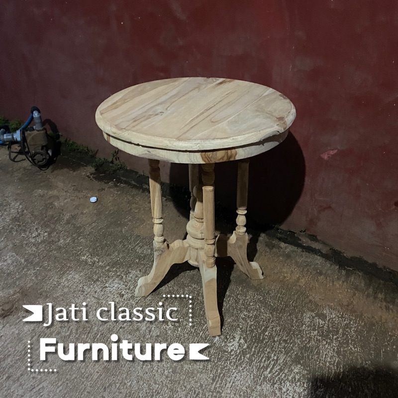 meja tamu bubut kaki, kayu jati, meja teras klasik, meja kopi, meja bubut lilin