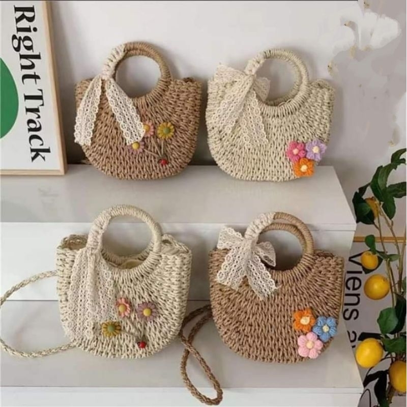 TAS ANYAMAN JERAMI ROTAN bisa SHOULDER || SLING || TOP HANDLE || TAS WANITA STRAW MINI FLOWER & BOW 