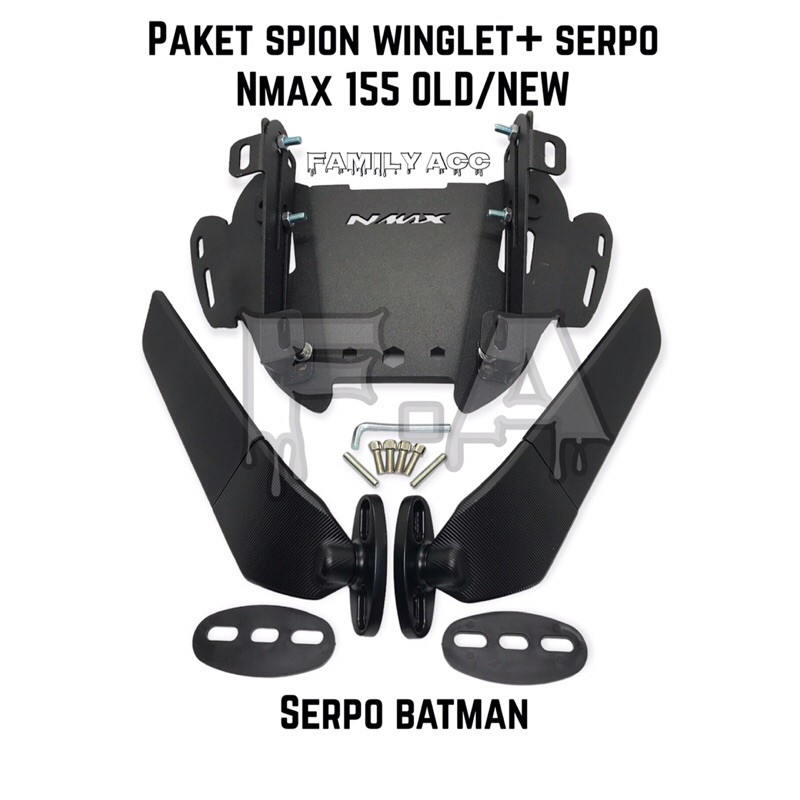 PAKET SPION WINGLET JUMBO + BREKET WINDSHIELD MODEL SERPO BATMAN MOTOR NMAX 155 OLD DAN NEW 2016-2023