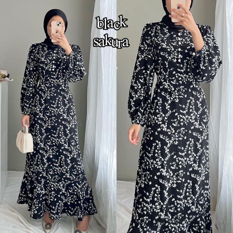 SHAKIRA DRESS | GAMIS MOTIF BUNGA KATUN FLOWER CRINKLE JUBAH ABAYA LEBARAN-black sakura