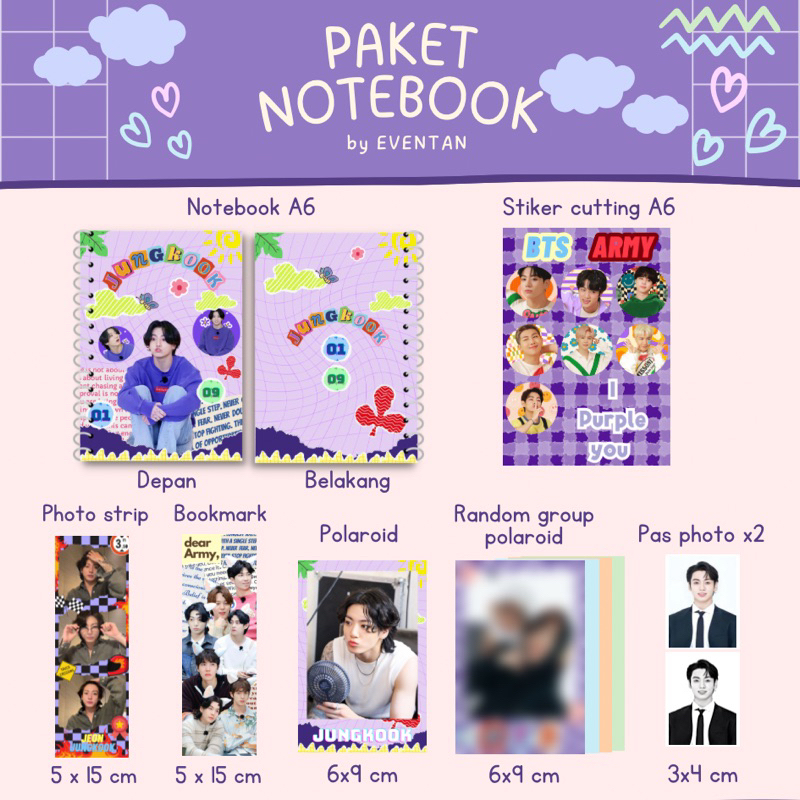BTS PAKET BUNDLE NOTEBOOK A6/PHOTO STRIP/POLAROID/PAS FOTO/BOOKMARK/CUTTING STICKER by Eventan