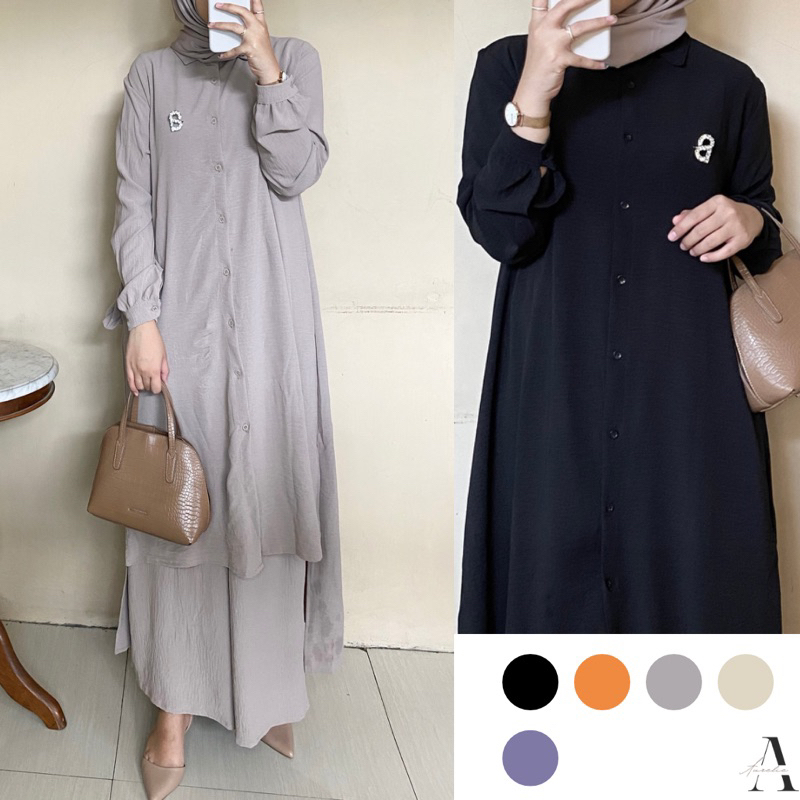 Setelan Tunik Kulot Wanita Polos Oneset Crinkle Baju Lebaran 2023