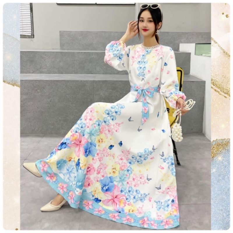 DRESS GAMIS WANITA MAXI ESTILO FLOWER PINKY BLUE IMPORT BKK BANGKOK