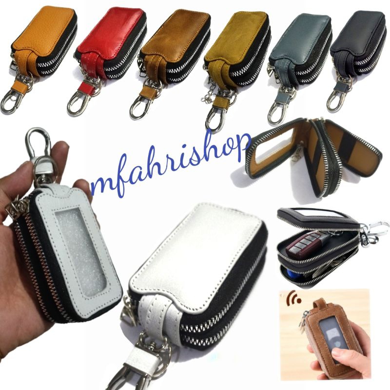 gantungan kunci remote keyless mobil double zipper kulit asli  transparan dompet stnk