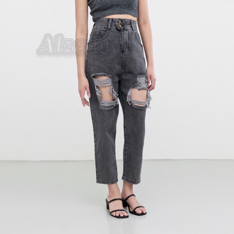 Highwaist Boyfriend Ripped Jeans Sobek ( Tidak Tembus ) by Alzera