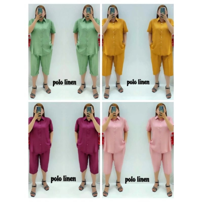 CNC - Stelan Wanita Dewasa Terbaru/Stelan 7/8 Kemeja Polo Linen Polos Standar Dan Jumbo