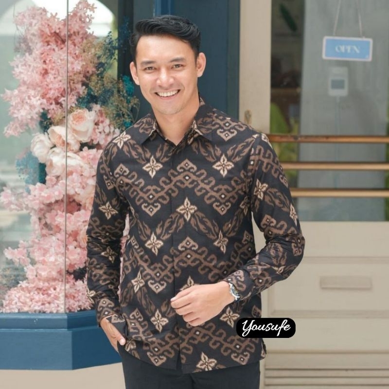 Kemeja Batik Pria Lengan Panjang Seragam Pernikahan Hajatan Motif Zigzag Hitam Katun Sinoman ZG03