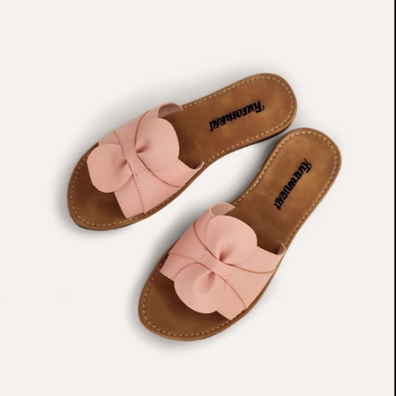 Sandal Kulit Wanita Slop Slide Flat Nonslip Motif Ban Dua