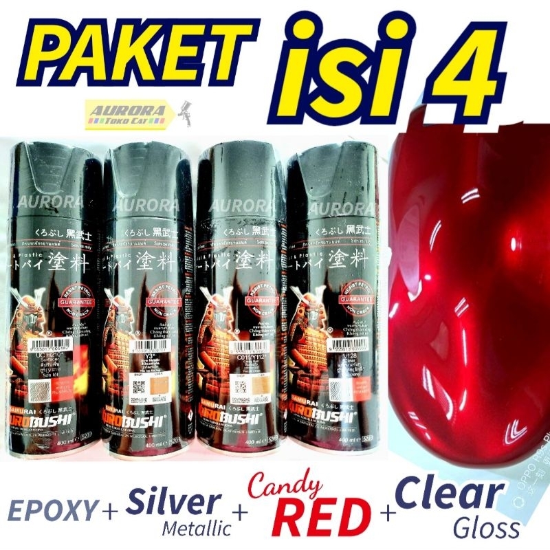PAKET Samurai Paint Epoxy + Silver Metallic + Candy Tone Red Merah Maroon Maron Marun + Clear Gloss 