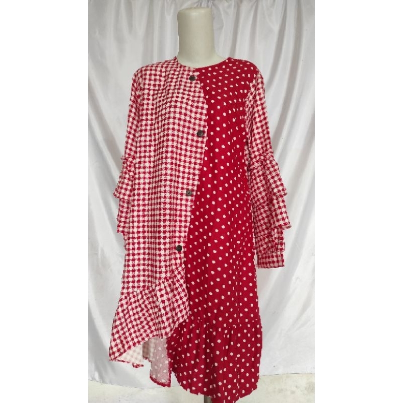 Dress Tunik Square & Polkadot Puff / Tunik Merah / Dress Gamis Merah / Dress Kotak kotak merah / Dre